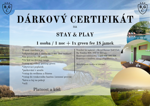 Dárkový poukaz Stay&Play 1 osoba / 1 noc a 1x green fee 18 jamek