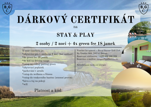 Dárkový poukaz Stay&Play 2 osoby / 2 noci a 4x green fee 18 jamek